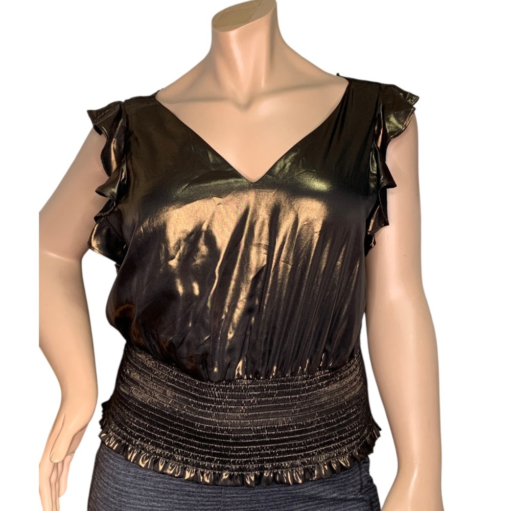 Nine West Sleeveless Ruffle Smocked Hem V-Neck Sleek Copper Metallic Size XXL